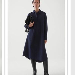 COS indigo dark blue 1/4 button popover midi poplin shirt dress - S